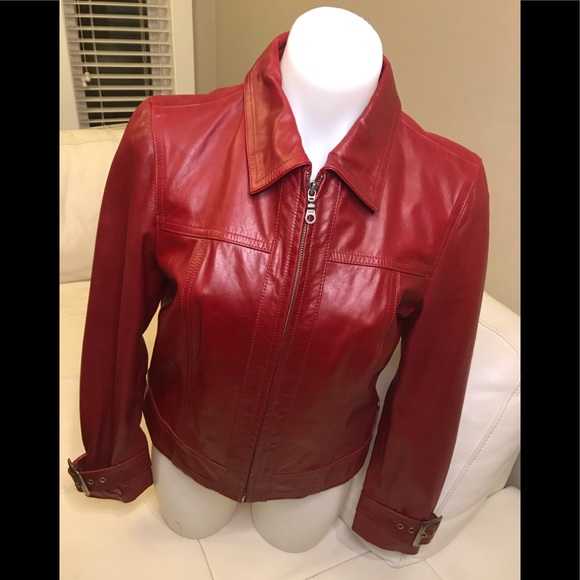 NEW Caslon Red Leather Bomber Style Jacket size Medium Petite - Picture 3 of 9